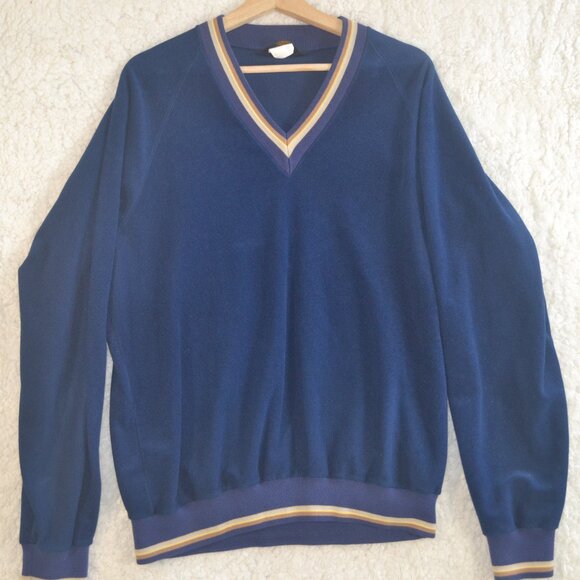 Vintage Lee Velour Long Sleeve Pullover V Neck Mens XL Soft Blue Sweatshirt - Picture 1 of 9